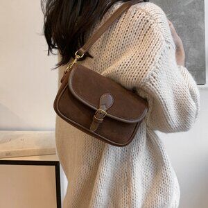 Faux Brown Suede Buckle Detail Crossbody